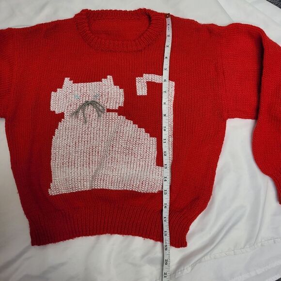 VINTAGE handmade red knit cat kids sweater M/L - Picture 6 of 6